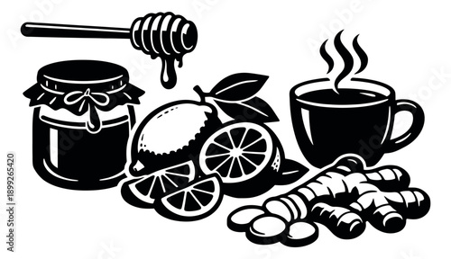 Hand drawn line art ingredients set featuring a honey jar, lemons, ginger root, and hot tea for natural cold and flu remedies