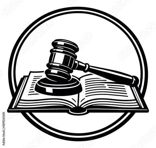 Line art illustration of a gavel and open book depicting justice and law for legal themes