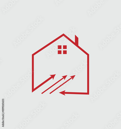Minimalist Red House Outline Icon with Directional Arrows for Real Estate Growth, Property Investment, and Residential Home Services