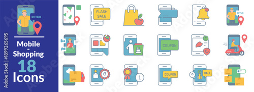 Mobile shopping icons set with flat design elements for smartphone commerce flash sale location tracking product return coupon discounts and delivery service vector graphics