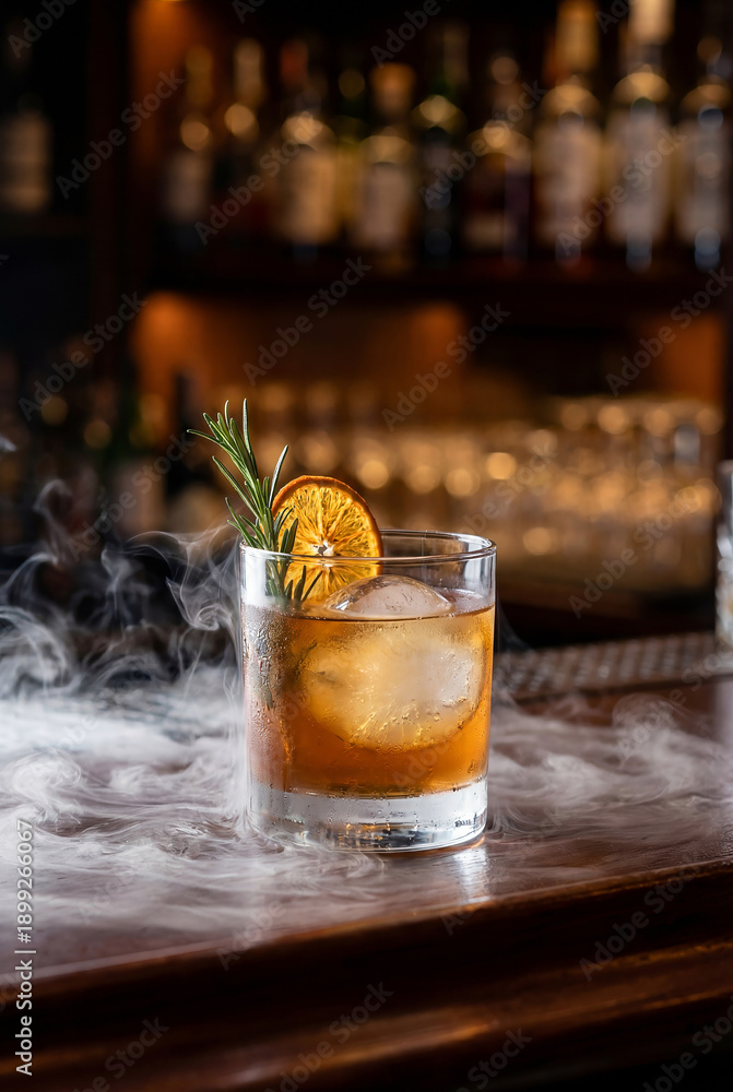 Naklejka premium Cocktail with Ice Vapor on Bar Counter
