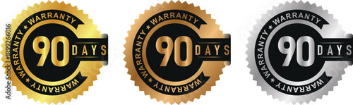 90 Day warranty icon in a gold circle with circular text. Ninety-month warranty label in gold, bronze, and silver colors. Vector illustration.