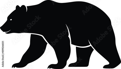 A silhouette of a bear walking through the forest, viewed from the side, in a simple illustration style