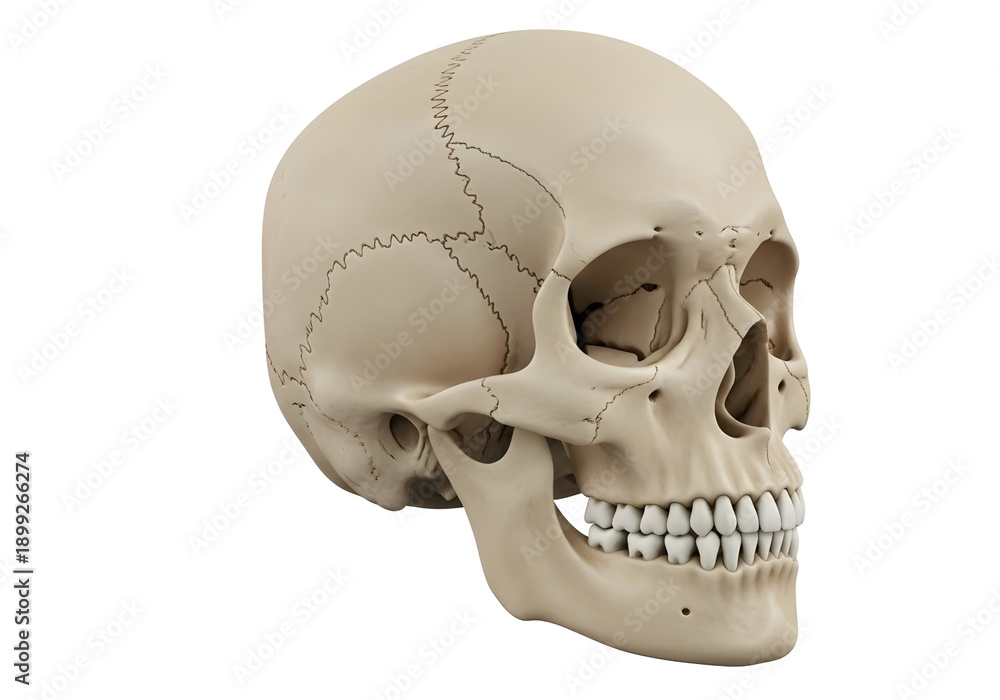 Obraz premium Human skull model with cracked surface isolated on transparent background