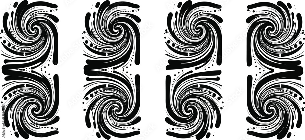 Fototapeta premium A collection of tribal designs with swirling patterns and abstract shapes in black and gray tones displayed vertically