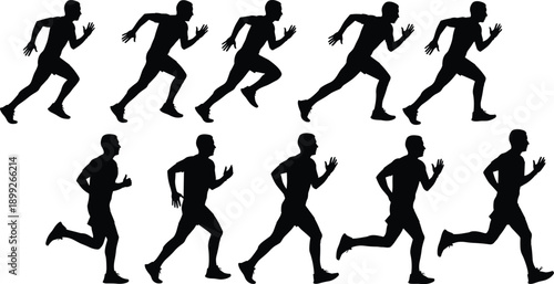 Multiple runners in various stages of motion captured in a dynamic silhouette illustration