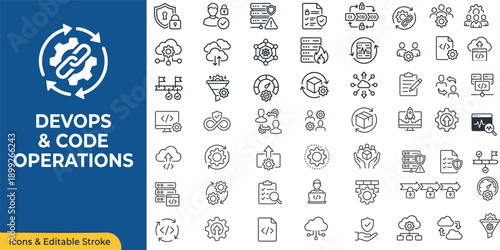 DevOps icon collection, containing software development, deployment, operate, monitor, testing, collaboration and more. Solid vector icons set. 