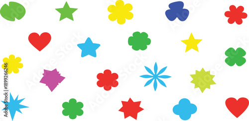 Colorful shapes and symbols scattered randomly across a clean background viewed from a straightforward perspective