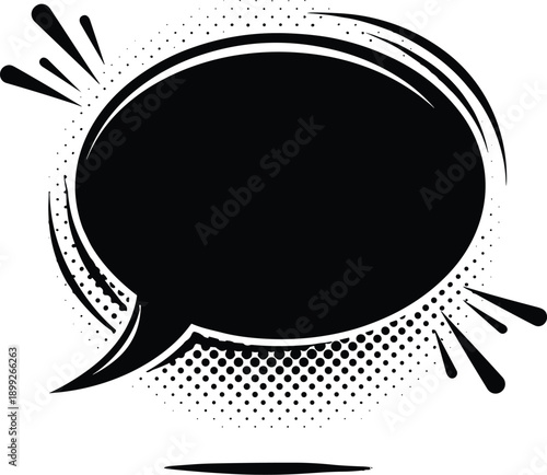 A black speech bubble with motion lines and halftone dots, conveying dynamic communication and expression in a comic style illustration