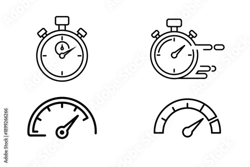 Speedometer and Stopwatch Icon Set for Performance Tracking and Time Measurement