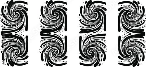 A collection of tribal designs with swirling patterns and abstract shapes in black and gray tones displayed vertically