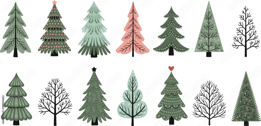 Obraz premium Set of stylized Christmas tree illustrations featuring various geometric shapes folk art patterns and decorative winter firs on grey background