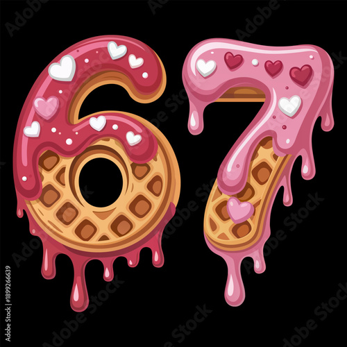 Sweet numbers sixty seven designed as pink frosted donut waffles