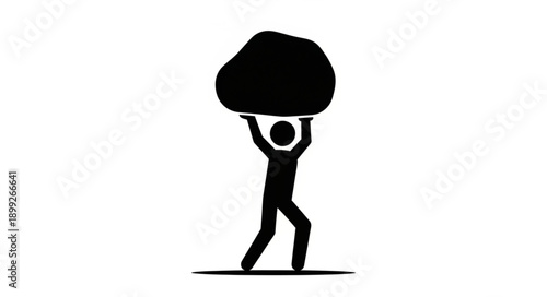 Silhouette of a person holding a large rock overhead.