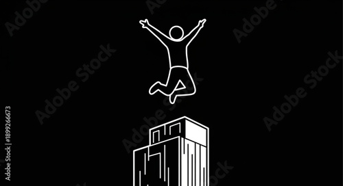 Silhouette of a person jumping for joy above a building.