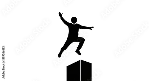 Silhouette of a person jumping over a building icon.