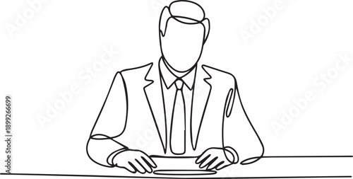 Man in suit sitting at desk with hands on document, minimalistic illustration, business scene