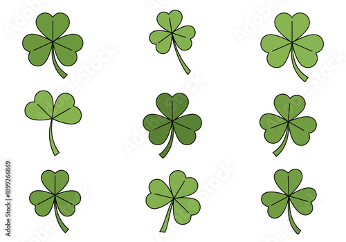 Nine Distinct Green Clover Leaf Arrangements With Stems And Outlines On White Background For Spring Celebration Design Elements