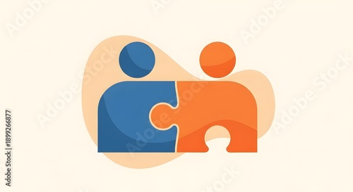 Puzzle Piece People Icon with Stylized Human Figures Fitting Together, Vector Partnership and Teamwork Concept