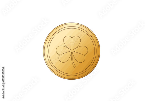 Golden Coin with Lucky Clover Emblem Isolated on White Studio Background for St Patricks Day Celebration Concept