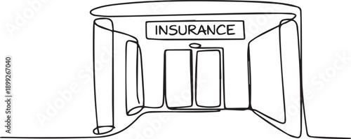 Simple line drawing of an insurance booth with entrance and sign at a corporate event or exhibition