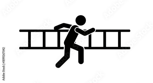 Silhouette of a person climbing over a ladder.