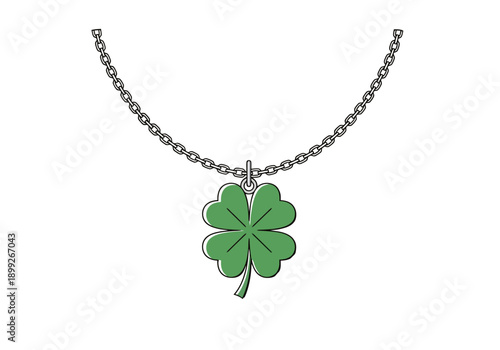 A detailed overhead view of a single green four leaf clover pendant suspended from a silver metal chain against a clean white backdrop