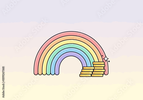 Bright Colorful Rainbow Arch Leading to Pile of Golden Coins on Gentle Gradient Background Celebration Fortune Abundance Dream Concept