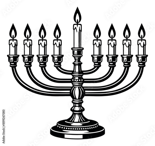 Classic line art illustration of a menorah depicting nine lit candles for Hanukkah celebration