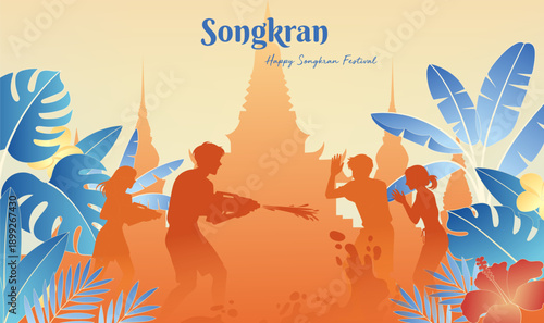 Songkran Festival Thailand Silhouette Banner People Festival Scene Architecture