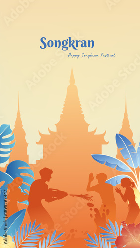 Songkran Festival Thailand Silhouette Poster People Festival Scene Architecture