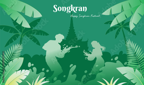 Songkran Water Festival Silhouette Banner People Celebration Thailand Architecture