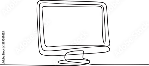 Continuous line drawing of computer monitor on table viewed from slightly above showing modern workspace setup