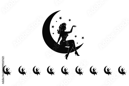 Beautiful Pin Up Lady on Moon Silhouette Vector Icon Sheet