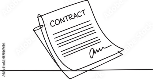 A black and white illustration of a contract document with signature on a table viewed from the side.