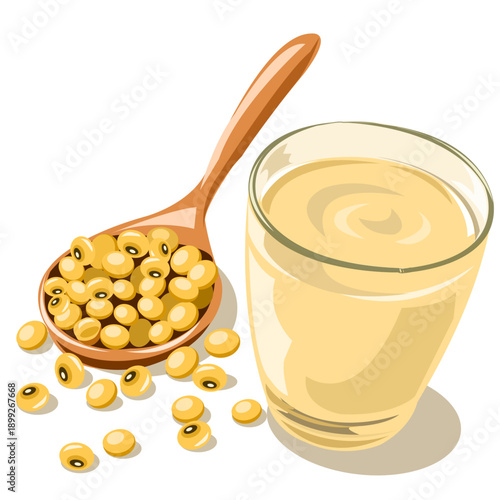 Fresh Soy Milk in Glass with Soybeans on Wooden Spoon Vector