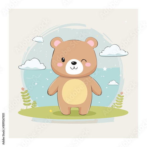 Adorable Bear in Whimsical Setting: A charming, cuddly bear winks playfully amidst a backdrop of fluffy clouds and gentle greenery.