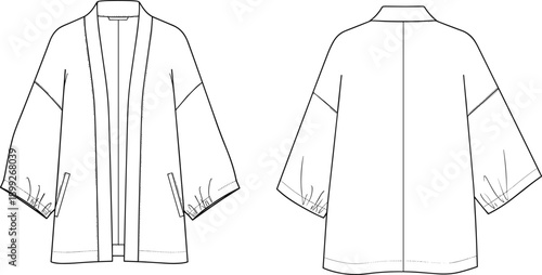 Technical Fashion Illustration of a Women's Oversized Kimono Cardigan Jacket with Drop Shoulders and Welt Pockets Seen from Front and Back Views in Vector