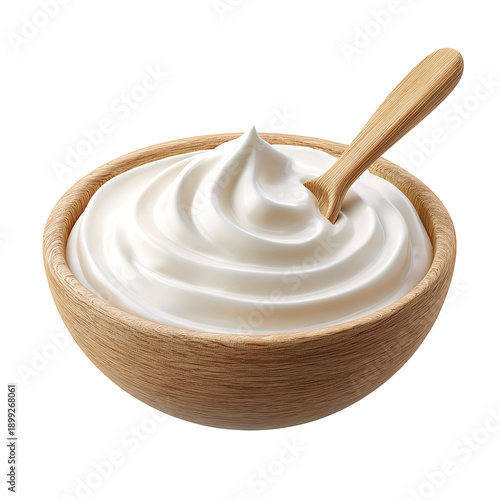 White plastic pot with yogurt and spoon on blue background