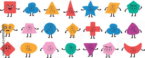 Set of cute geometric shapes with funny cartoon faces and emotions, educational character collection for kids learning and classroom decoration