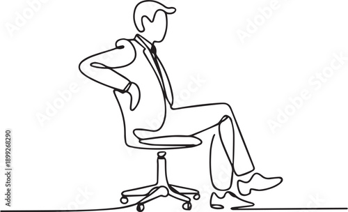 Man sitting in office chair with hands on back, relaxed posture, simple line art illustration