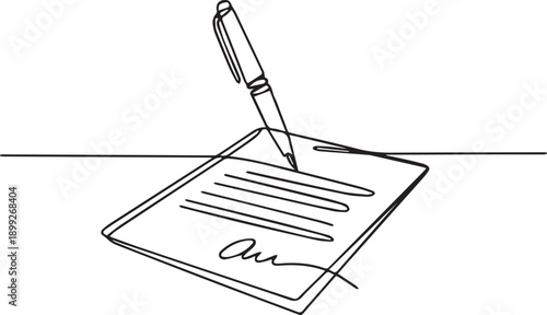A pen signing a document on a flat surface from a top-down viewpoint
