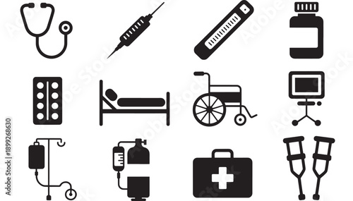 A collection of medical icons representing healthcare and hospital equipment from a straightforward viewpoint.