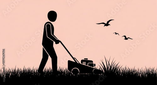 Silhouette of a person mowing a lawn with birds flying overhead.
