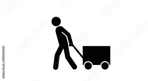 Silhouette of a person pulling a wheeled cart.