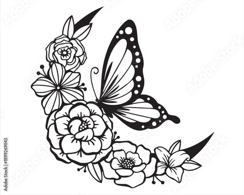 Butterfly and flowers black and white illustration