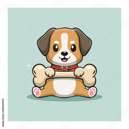 Puppy's Prize: A charming, cartoon puppy sits proudly, clutching a large bone, radiating joy and cuteness with its adorable expression.