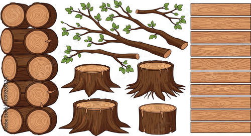 Large set of hand-drawn wood elements featuring timber logs tree stumps green branches and textured wooden planks isolated on grey background