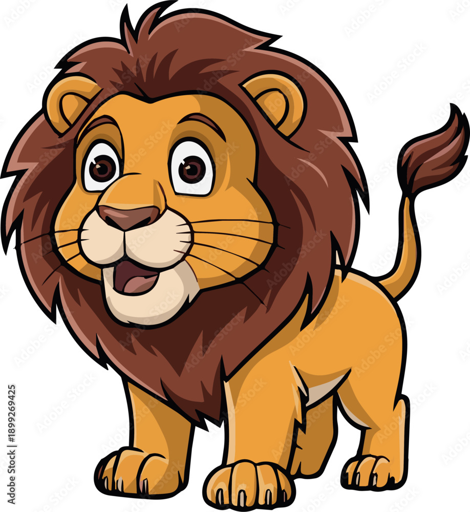 Obraz premium A cute cartoon lion character with a brown mane and funny smile is a vector illustration of a wild safari animal isolated on white for a fun zoo or jungle nature design