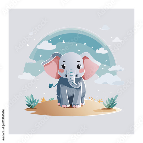 Playful Elephant's Gentle Dreams: An adorable illustration of a cute elephant, nestled beneath a vibrant rainbow, embodies the innocence and magic of childhood. 